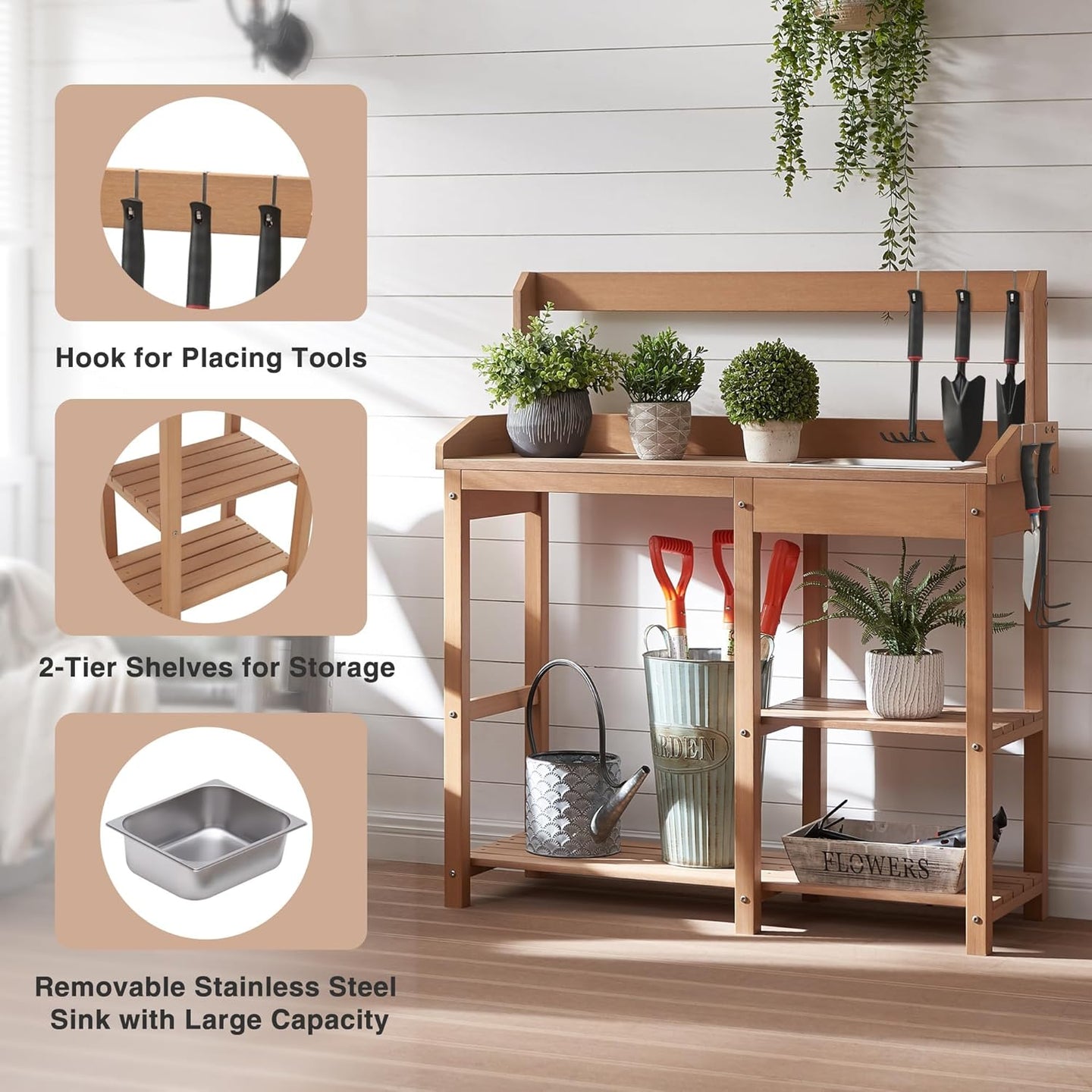 Psilvam Potting Bench, Poly Lumber Potting Table with Removable Stainless Steel Sink and Open Shelves